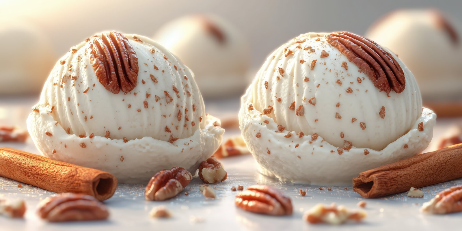 Creamy vanilla ice cream scoops with pecans and cinnamon on a white surface